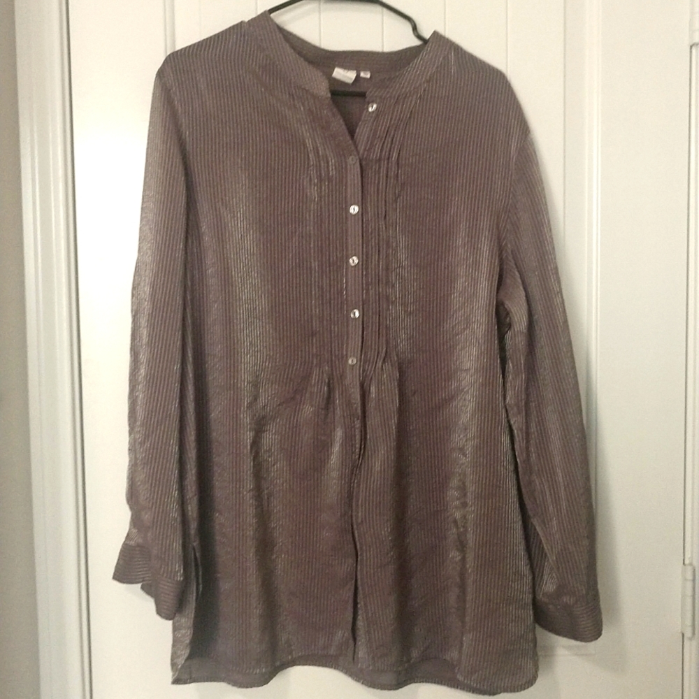 Jones New York Gray striped tunic length button down Shirt Sz XL